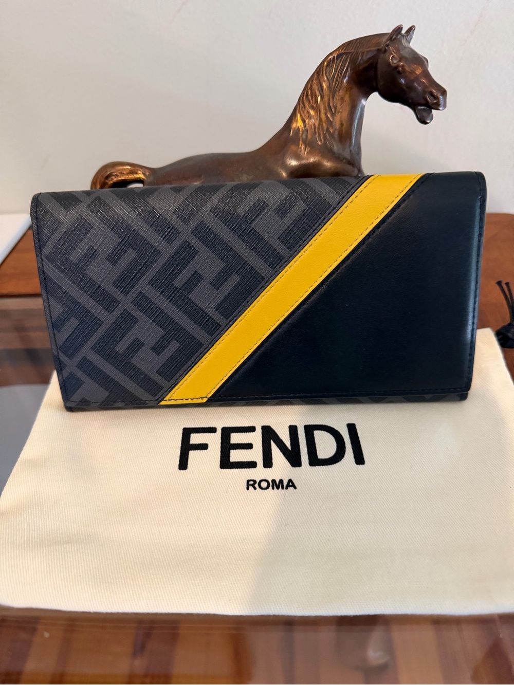 Fendi Diagonal FF Continental Wallet Black Yellow 7M0264 A9XS Like New